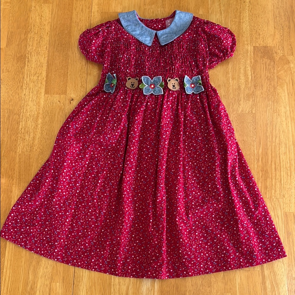 Vintage Bonnie Jean Red Floral Kids Smocked Top Dress Denim Flower Bear Accents